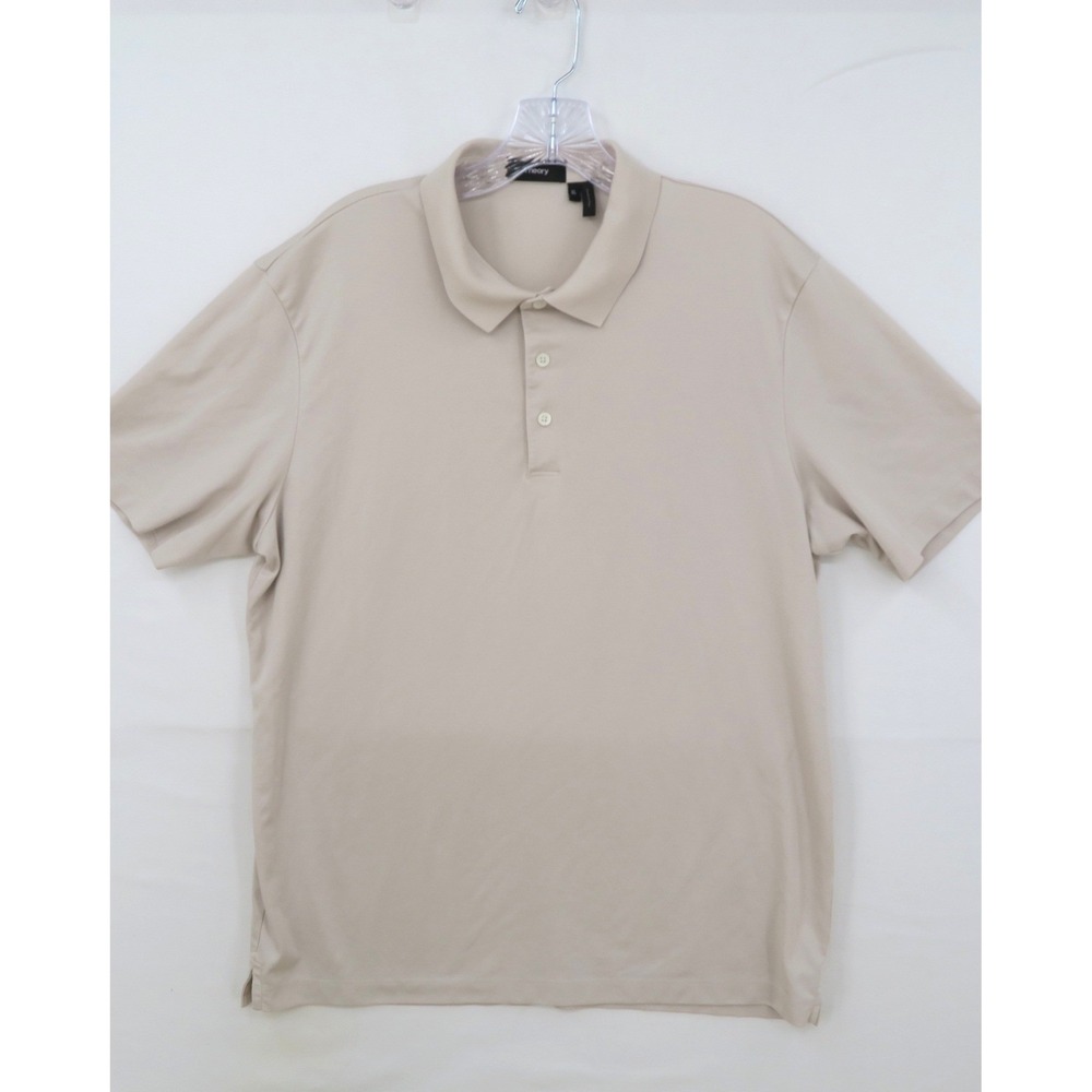 Theory Mens XL Short Sleeve Polo Shirt Beige Tan 3-Button Knit Top Made in Peru